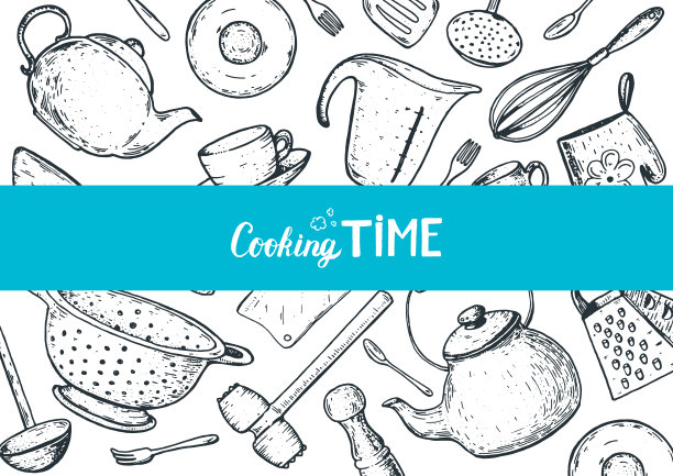 烹饪时间说明。厨房用具手绘矢量图。烹饪时间素描收集。不同的厨房用具。图片下载