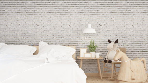 儿童房或家庭或公寓的卧室-卧室与砖墙装饰室内设计- 3D渲染图片下载