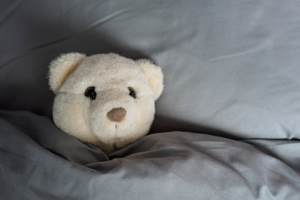 白色的泰迪熊躺在床上温暖的毯子下的枕头上图片下载