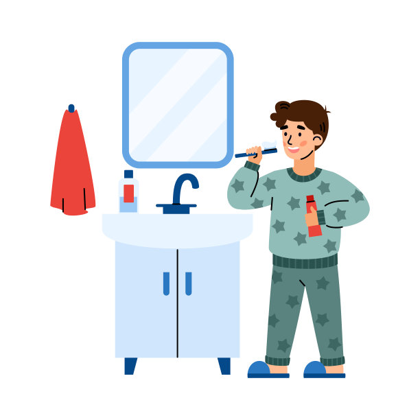 孩子男孩在浴室刷牙，卡通矢量插图孤立。图片下载