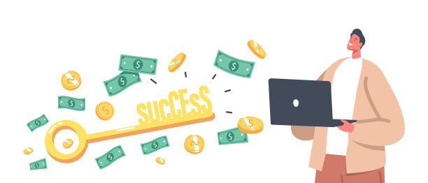 商业成功的概念。商人性格与笔记本电脑，资金流动和金钥匙打开大机会之门图片下载