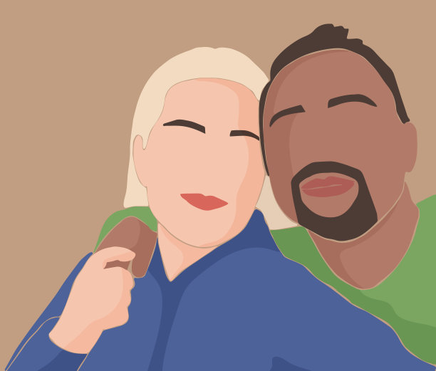 一对抽象的恋人拥抱在一起。一个欧洲白人女人和一个黑皮肤男人。种族平等概念，跨国家庭。极简主义风格的肖像。矢量平面设计图片下载