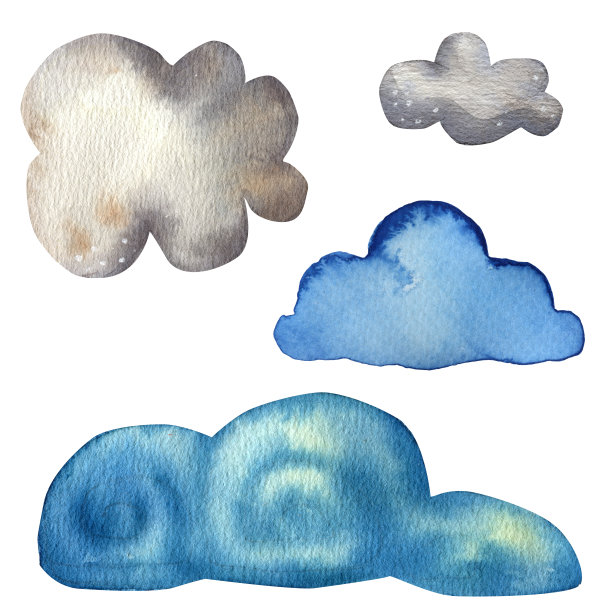 水彩般的蓝色云彩和灰色的烟雾。多云的一天。手绘纹理。自然背景设置。飞溅的集合。天空背景。卡通插图集。图片下载