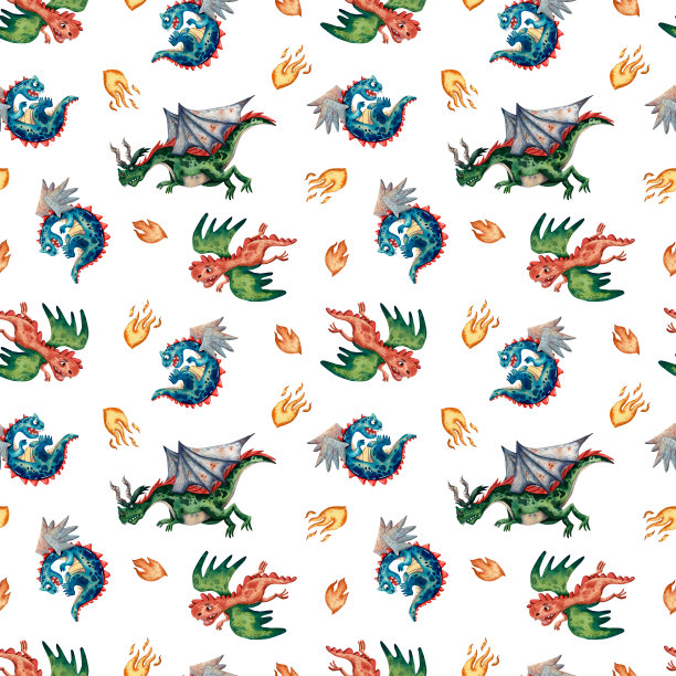 可爱的海盗模式。无缝纹理。龙，头盔，盾牌和火。童话卡通风格。有趣的纺织印花男孩。儿童插图。包装纸印刷。图片下载