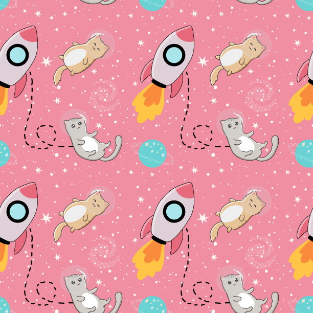 无缝图案与可爱的猫宇航员在星空的太空背景。适合包装纸，海报，织物和其他设计。图片下载