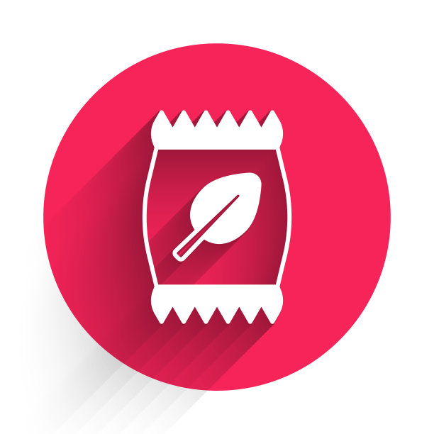 白色肥料袋图标孤立与长阴影。红色圆圈按钮。向量图片下载