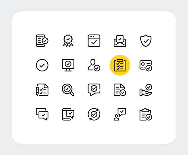 检查标记向量线图标。检查标记，检查框和勾号，在线调查，正确的答案，验证，认证产品，保证，完成任务概念。细线图标设计。时尚现代简约的轮廓符号。向量检查标志图标集图片下载