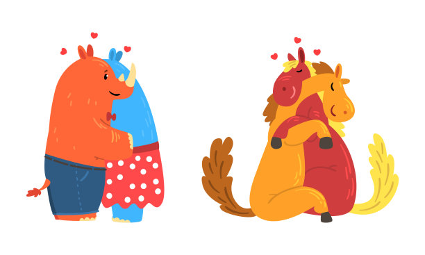 动物情侣在爱的设置，可爱浪漫的犀牛和马字符拥抱卡通矢量插图图片下载