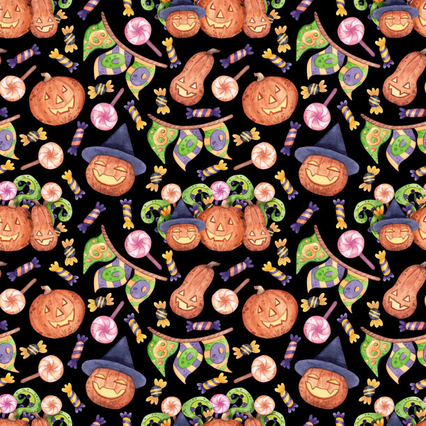 对比手绘无缝模式上的万圣节主题。图片下载