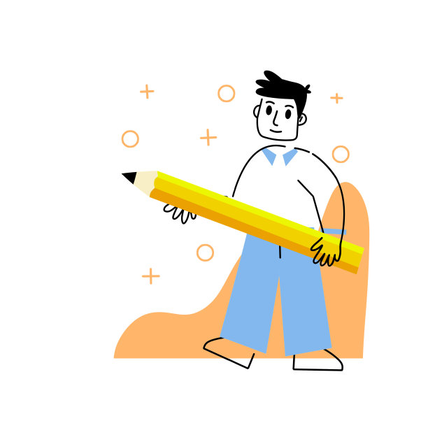 拿着大号黄色铅笔的男人：创意职业艺术家，绘画课，书写用品，线性几何抽象人物，潮流卡通图片下载