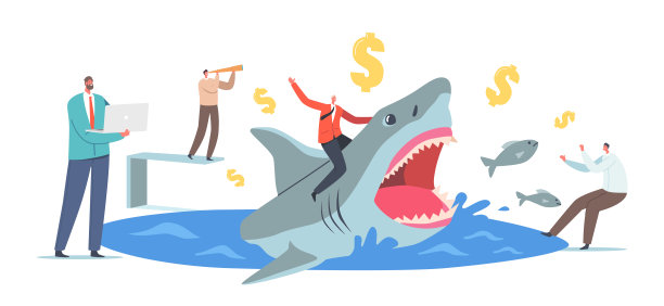 勇敢的商人骑着危险的鲨鱼和害怕的人物在周围。专业企业家，商人图片下载