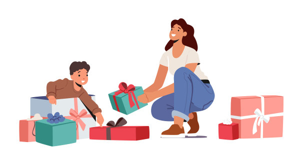 宝宝的生日庆祝活动。妈妈为小儿子准备了礼物惊喜。蹒跚学步的男孩在用盒子打开房间里的礼物图片下载