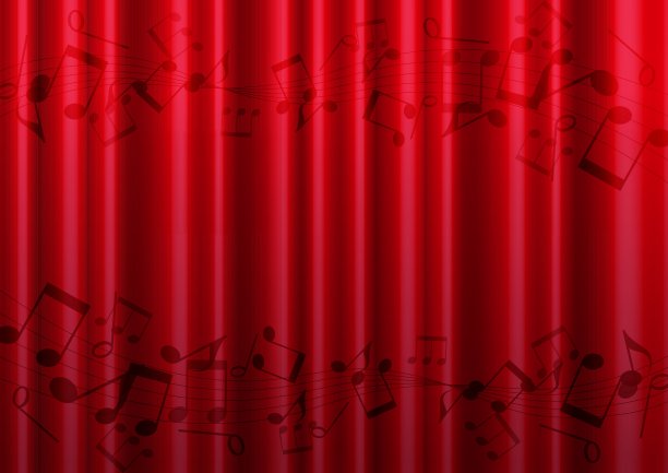 红色窗帘背景与音符图案图片下载