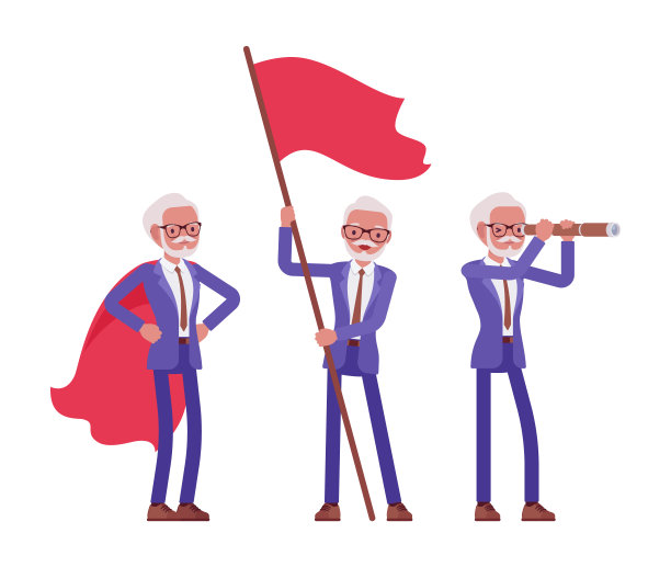 英俊的老人，穿着西装，红色斗篷，拿着国旗，戴着望远镜图片下载