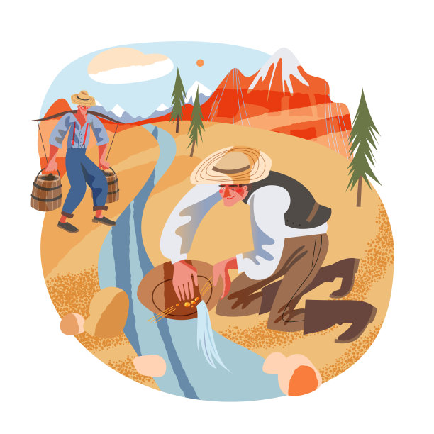 淘金者在淘金热时代淘金。年轻的勘探者使用工具和水设备寻找钻石掘金矢量插图。西方人在大自然中拿着水桶图片下载