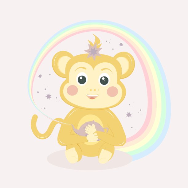 可爱的黄色猴子和水壶和彩虹在粉红色的背景。婴儿动物概念矢量插图在卡通风格的托儿所，字符为儿童。图片下载