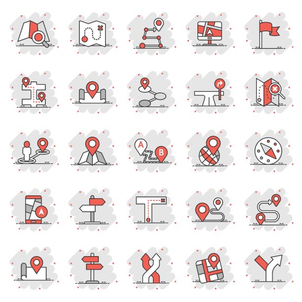 导航图标设置在漫画风格。Gps方向卡通矢量插图在白色孤立的背景。定位销位飞溅效应经营理念。图片下载