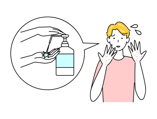 酒精消毒导致手部皮肤粗糙的可爱男人，简约矢量插画图片下载