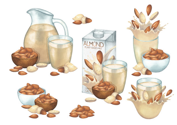 水彩画收集以植物为基础的牛奶在玻璃杯，瓶子和水壶装饰碗，杏仁坚果和飞溅。图片下载