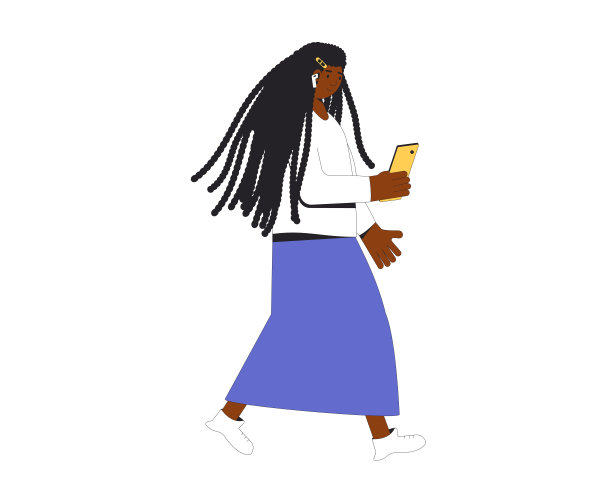 女孩听音乐，播客，有声读物，讲座。年轻的非洲裔美国妇女与电话和耳机孤立在白色背景。音频聊天。在线会议。矢量插画家。图片下载