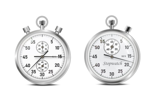 向量两个秒表。经典秒表EPS 10矢量。玻璃反射、地面阴影和反射。图片下载
