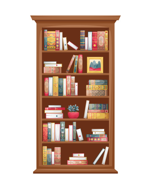 孤立的插图一个木制书柜与书。复古风格的书脊。图片下载