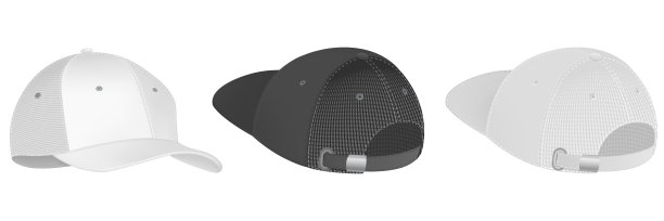 棒球帽黑白模板。设计模板特写矢量。现实的背面，正面和侧面视图白色棒球帽孤立的白色背景。图片下载