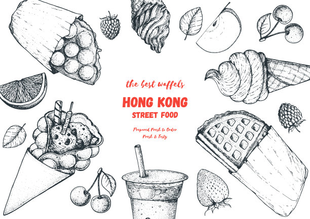 香港华夫饼手绘插画。中餐菜单设计模板。雕刻风格的插图。香港街头美食小品。复古手绘草图，矢量插图。图片下载