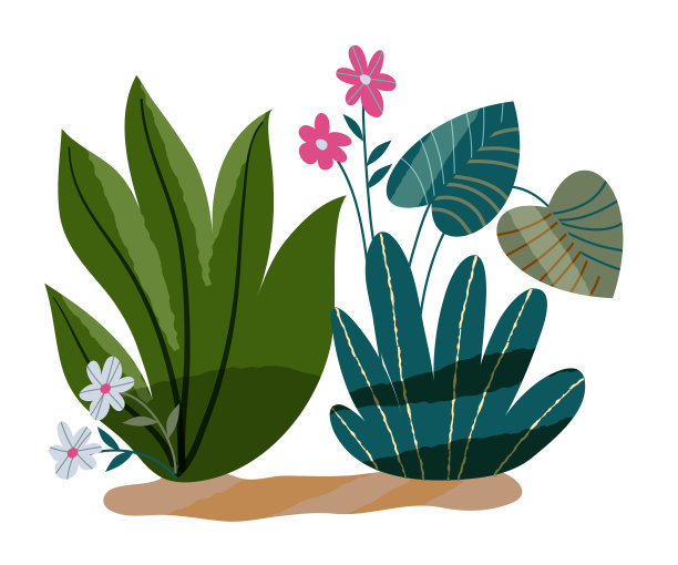 花、植物是大自然元素的背景。复古绿色图标的叶子，灌木地面矢量插图。旅游标志为传单，海报或墙纸图片下载