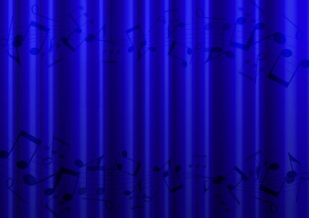 蓝色的窗帘背景，带有音符图案图片下载