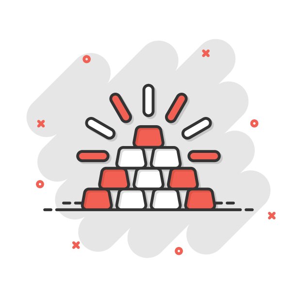 漫画风格的黄金堆栈图标。银色砖卡通矢量插图在白色孤立的背景。金属银行飞溅效应的经营理念。图片下载