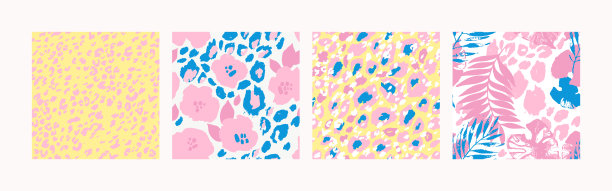 一套抽象的无缝图案与手掌，怪物的叶子，花，动物皮肤打印图片下载