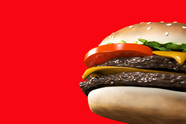 3D渲染芝士汉堡与牛肉，奶酪，番茄，生菜，洋葱，培根和酱汁在红色的背景。副本的空间。创意或艺术食品概念图片下载