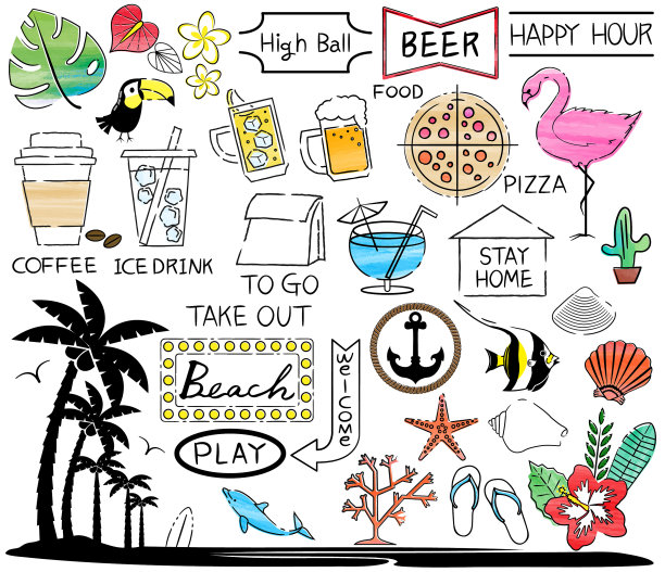 彩色裁剪插图材料集。一个热带国家的图片。图片下载