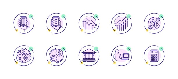 1个矢量图标中有10个与金钱交易主题相关。紫色线条艺术矢量图标孤立在背景上。图片下载