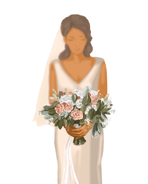 美丽的年轻新娘与新娘的花束素描。图片下载