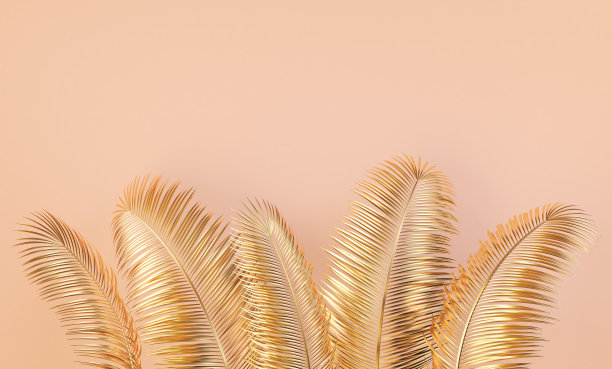 装饰棕榈树的金色叶子。三维演示图片下载