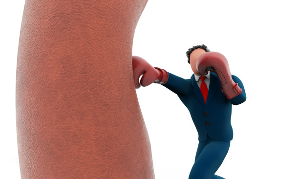 三维插图的卡通人在西装打沙袋拳击训练图片下载