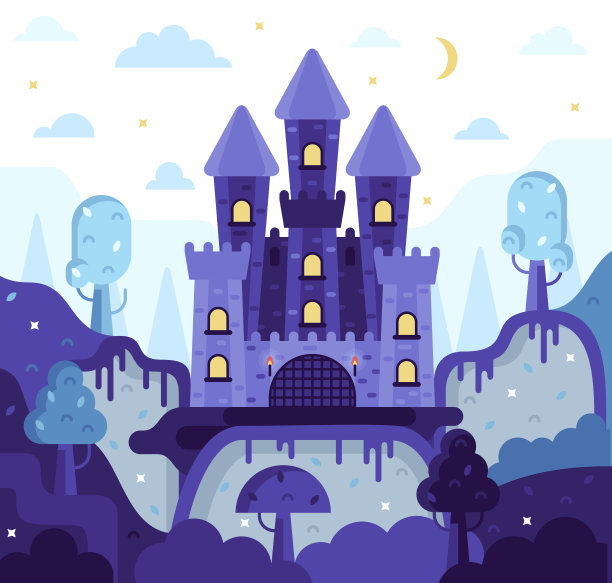 山上的童话城堡，头上有月亮和星星，下面有树木和山丘。矢量图图片下载