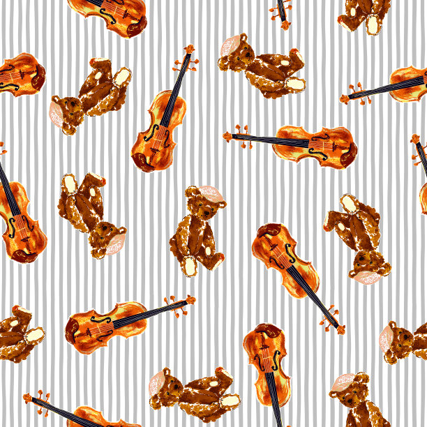 令人印象深刻的熊和小提琴无缝图案，图片下载