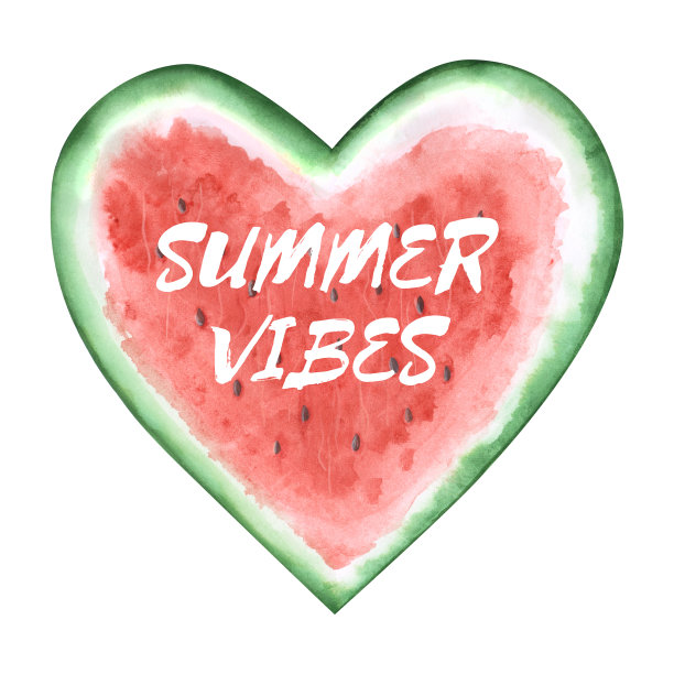 心形的西瓜片在白色的背景上被孤立，上面写着“夏天的气息”。水彩画夏季水果横幅。手绘西瓜插图。西瓜的海报。图片下载