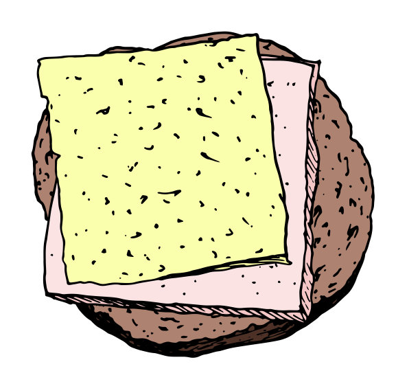 健康的早餐，面包三明治，火腿和奶酪的颜色。孤立的早餐食品项目三明治圆形方形深棕色与黄色奶酪和粉红色火腿的方形切片，设计模板手绘俯视图图片下载