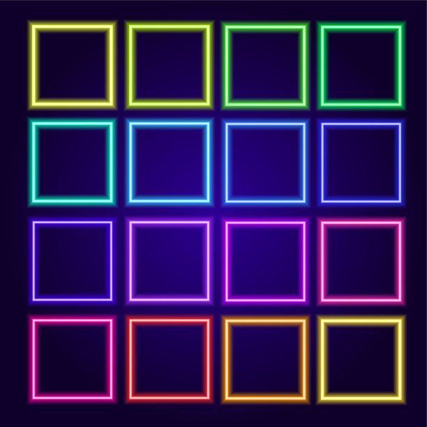 霓虹方形多色框架。霓虹灯空白的孤立元素与文本空间的不同框架，方形的亮红色，蓝色，绿色和黄色的色调在黑暗的背景上发光的设计模板图片下载