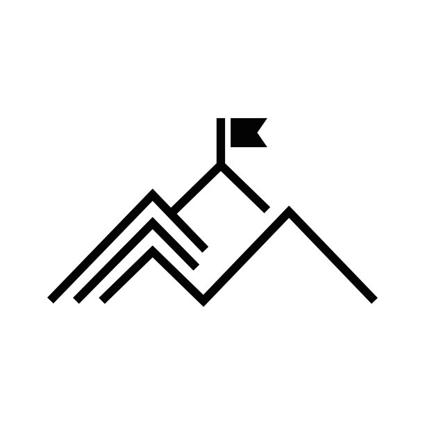 山与旗帜矢量图标。旗帜在山顶。优质的象征。图片下载