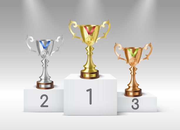 领奖台上的金银铜奖杯。现实第一，第二，第三名，获奖图片下载