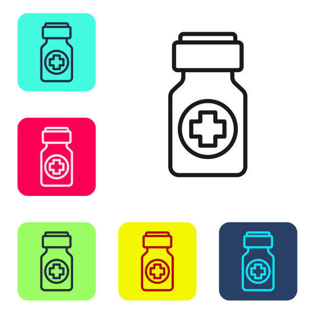 药瓶和药丸的图标孤立在白色背景上。瓶药丸的迹象。药店的设计。设置图标的颜色方形按钮。向量图片下载