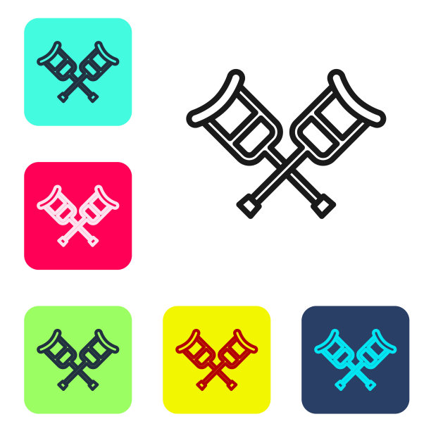 黑色线拐杖或拐杖图标孤立在白色背景上。肌肉骨骼系统疾病患者的康复设备。设置图标的颜色方形按钮。向量图片下载