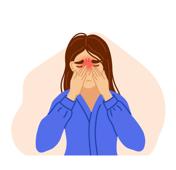 患有鼻窦头痛的妇女，用手按住鼻梁。鼻窦炎，鼻腔感染，呼吸系统疾病。图片下载