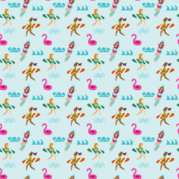 无缝模式冲浪女孩和火烈鸟图片下载