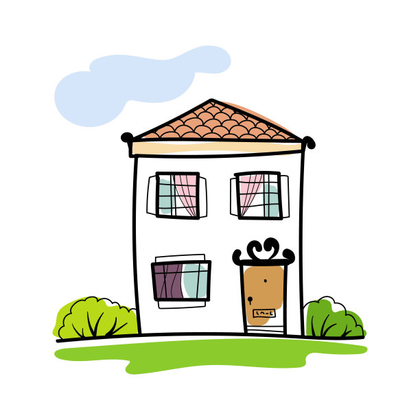 手绘房屋草图，有树的独立家庭房屋。涂鸦卡通矢量插画的家甜蜜的家。房子外观。图片下载